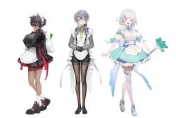 3girls ankle_socks anklehighs apron black_hair black_jacket black_shirt blue_dress breasts dark-skinned_female dress earrings feather_duster female fishnet_socks fishnet_thighhighs fishnets garter_straps gloves goat_girl_(ohisashiburi) grey_hair grey_shirt hairbow high_heels holding_bag jacket large_breasts loafers looking_at_viewer maid maid_apron maid_headdress maid_uniform micchan_(ohisashiburi) nacchan_(ohisashiburi) necktie ohisashiburi open_jacket original original_character original_characters painted_fingernails pantyhose pink_eyes purple_eyes purple_socks red_eyes shirt shoes shopping_bag short_hair single_thighhigh socks thighhighs tomboy waist_apron white_hair white_socks