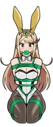 1girls arms_tied_behind_back ball_gag blonde_hair bondage bound bowtie box_tie breasts bunny_ears bunnysuit crotch_rope fake_animal_ears gag gagged green_ball_gag kneeling large_breasts latex legs_tied leotard long_hair looking_at_viewer mythra nintendo pantyhose playboy_bunny restrained rope rope_bondage shibari_over_clothes shiny_clothes strapless strapless_leotard tiara tied_up tight_clothing white_leotard wossarem xenoblade_(series) xenoblade_chronicles_2 yellow_eyes