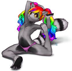 absurd_res anthro aogami budding_breasts female genitals hair hi_res lemur mammal multicolored_hair plump_labia primate pussy rainbow_hair ring-tailed_lemur solo strepsirrhine young