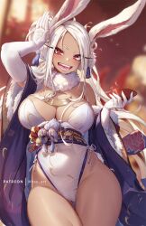 1girls breasts brown_skin bunny_ears cleavage dark-skinned_female dark_skin detached_sleeves female hips huge_breasts long_hair long_sleeves looking_at_viewer lunar_new_year miruko mitsu_art my_hero_academia new_year rabbit_ears red_eyes rumi_usagiyama slim_waist smile thick_thighs thighs white_hair wide_hips year_of_the_rabbit