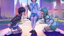 3girls arms_tied_behind_back ball_gag black_eyes black_hair bondage breasts buildings cat_ears cat_tail catgirl closed_eyes collar gag gagged green_hair headpat himitsu_(hi_mi_tsu_2) holding_leash leash legs_tied long_hair looking_at_viewer multiple_girls original outside park people_in_background rope rope_bondage school_uniform shibari_over_clothes sky small_breasts swing_set thighhighs tree twintails yuri