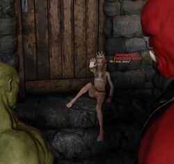 1girls 2boys 3d anal begging begging_for_mercy big_dom_small_sub blonde_hair body_chains bondage bound bound_wrists bulge captured chains dialogue elf elf_female english_dialogue english_text enslaved_royal female imminent_rape imminent_sex larger_male male orc original_character pierced_nipples piercing princess pussy rape scared sex_slave size_difference slave slave_collar slavegirl small_breasts smaller_female that3dartist vanora