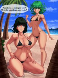 2girls alternate_costume alternate_version_available big_breasts bikini bikini_bottom bikini_top black_bikini bottomwear breasts cleavage dark_green_hair english english_text fat_breasts female female_only flat_belly fubuki_(one-punch_man) green_hair hair huge_breasts large_breasts looking_at_viewer multiple_girls one-punch_man rocky-ace short_hair sisters small_breasts speech_bubble swimsuit swimwear tatsumaki text thick_thighs thighs topwear