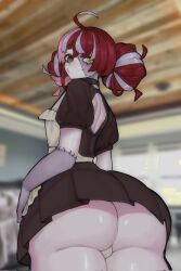 :3 ahoge ass back_view big_ass blurry_background dat_ass hairbuns heterochromia hololive hololive_indonesia huge_ass kureiji_ollie looking_back maid_outfit maid_uniform multicolored_eyes multicolored_hair nekkotino patchwork_skin virtual_youtuber zombie zombie_girl