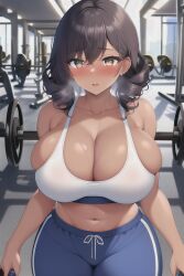 1girls ai_generated barbell big_ass breasts_peeking_out_of_shirt breath brown_hair busty clothing curly_hair curvy curvy_figure dark-skinned_female dark_brown_hair dumbell exhausted facing_viewer gym gym_clothes gym_equipment hazel_eyes holding_dumbbell huge_breasts huge_thighs indoors navel novelai open_mouth original short_hair skin_tight smirk sports_bra stable_diffusion sweat_pants tan_skin thick_thighs thighs voluptuous