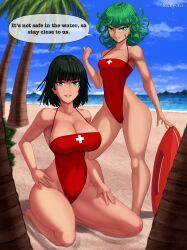 2girls alternate_costume alternate_version_available big_breasts breasts cleavage dark_green_hair english english_text female female_only fubuki_(one-punch_man) green_eyes green_hair hair huge_breasts lifeguard lifeguard_swimsuit looking_at_viewer one-punch_man red_swimsuit rocky-ace short_hair sisters small_breasts speech_bubble swimsuit swimwear tatsumaki text thick_thighs thighs