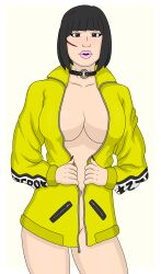 1girls 2022 asian asian_female big_breasts black_eyes black_hair breasts clothed clothing collar female female_only free_fire garena huge_breasts jacket kelly_(free_fire) no_bra no_panties pink_lipstick short_hair simple_background wounded zzerotic