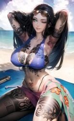 2023 ai_generated armpits arms_behind_back arms_up black_hair female female_only highres long_hair looking_at_viewer nico_robin one_piece oppaissance post-timeskip sunglasses_on_head tattoo tattoo_on_arm tattoo_on_belly tattoo_on_chest tattoo_on_legs tattooed_arm toei_animation