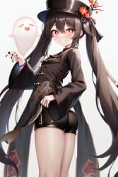 ai_generated ass black_nails black_shorts blush boo_tao_(genshin_impact) brown_hair cameltoe chinese_clothes female from_behind genshin_impact ghost grin hat hat_ornament hu_tao_(genshin_impact) long_hair looking_at_viewer looking_back red_eyes shiny shiny_clothes shiny_hair shiny_skin smile solo twintails very_long_hair