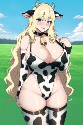 1girls ai_generated anime_nose blonde_female blonde_hair blue_eyes blush cleavage collar cow_bell cow_bell_collar cow_ears cow_horns cow_print_armwear cow_print_legwear cow_print_lingerie cow_print_one_piece cow_print_sleeves cow_print_stockings cow_print_thighhighs cowbell cowprint edit field field_background hucow large_breasts long_blonde_hair long_hair novel_ai novelai outside sole_female solo_female solo_focus stable_diffusion teddy_(clothing)