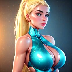 ai_generated big_breasts bimbo blonde_hair blue_eyes blue_suit huge_breasts impossible_clothes latex long_hair makeup metroid nintendo ponytail samus_aran sgx shiny_clothes stable_diffusion tight_clothing