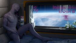 3d_(artwork) absurd_res alien alien_humanoid beverage blender_(software) blender_cycles casual_nudity dicidius digital_media_(artwork) flaccid foreskin genitals glowing glowing_eyes hairless hi_res humanoid looking_out_window male markings mass_effect muscular muscular_male penis photo plant quarian scarification solo solo_focus solo_male space writing_utensil