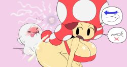 1boy 1girls 2021 big_breasts blush boo_(mario) bottomless breasts cleavage cum cum_in_pussy cum_inside cute dizzytizzy ejaculation embarrassed fangs ghost hi_res impregnation larger_female looking_back mario_(series) mob_face nervous nintendo orgasm penetration sex smaller_male speech_bubble sperm_cell toad_(mario) toadette twintails vaginal_penetration