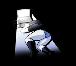 1boy 2023 ass black_hair black_leggings black_topwear dark femboy laptop leggings lying_on_stomach male male_focus naufranzz pale-skinned_male solo solo_focus tired underwear yamcha_death_pose