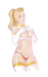 1girls 2020s 2023 adora areolae barely_clothed belly_button biconti blonde_female blonde_hair breasts choker collar drooling female female_only fishnet_shirt fishnets gloves gold_choker gold_collar grey_eyes hands_on_breasts hands_on_own_breasts human light-skinned_female light_skin long_gloves long_hair looking_at_viewer medium_breasts nipples open_mouth ponytail red_thong she-ra_and_the_princesses_of_power simple_background sketch solo solo_female thick_thighs thighhighs thong tongue tongue_out white_background white_gloves white_shirt white_thighhighs wide_hips