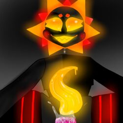 animatronic artist_request black_body daycare_attendant_(fnaf) eclipse_(sun_and_moon_show) five_nights_at_freddy's five_nights_at_freddy's:_security_breach gay_anal glowing_penis male male_only orange_eyebrows orange_eyes orange_penis robot scottgames sharp_teeth smiling_at_viewer stockings sun_and_moon_show sun_rays tentacle_penis