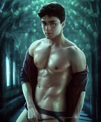 actor celebrity covering_crotch daniel_radcliffe glasses harry_james_potter harry_potter in_character jockstrap male male_only muscles muscular muscular_male nerdyart open_shirt scar teen_boy wand