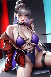 1girls ai_generated bai_yi_(path_to_nowhere) bikini bra crotch_shot female female_only green_eyes large_breasts legs older_female path_to_nowhere ponytail red_lipstick silver_hair skimpy_bikini skimpy_clothes solo solo_female solo_focus spread_legs