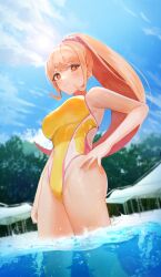 1girls 2023 beach_background blonde_hair breasts brown_eyes clouds cloudscape cloudy_sky competition_swimsuit danganronpa danganronpa_2:_goodbye_despair danganronpa_s:_ultimate_summer_camp eyebrows eyebrows_visible_through_hair eyelashes eyelashes_through_hair eyelashes_visible_through_hair female female_focus female_only forest hair_ornament hair_ribbon hair_scrunchie hand_on_hip in_water large_breasts long_hair looking_at_viewer looking_down older one-piece_swimsuit orange_eyes orange_hair orange_one-piece_swimsuit orange_swimsuit outside parasite parasol pink_hair_ornament pink_hair_ribbon ponytail pool resort saionji_hiyoko sky straight_hair sun sunlight sunny sunset super_danganronpa_2 swimming_pool swimsuit thighs trees water water_drop water_splash white_parka yellow_one-piece_swimsuit yellow_swimsuit zetto_(zet)