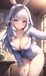 ai_generated avatariense bare_thighs breasts bunny_ears bunny_girl bunny_hood bunny_tail busty cleavage elf elf_ears elf_girl emilia_(re:zero) female fully_clothed hoodie looking_at_viewer nai_diffusion purple_eyes re:zero_kara_hajimeru_isekai_seikatsu self_upload stable_diffusion thick_thighs thighs white_hair