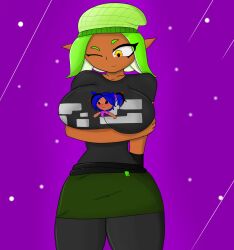 2girls big_breasts blue_hair dark_skin female green_hair leona_(powerblueflower) oc original_character powerblueflower splatoon tagme yellow_eyes