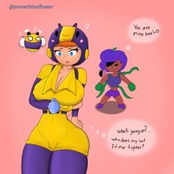 2girls bea_(brawl_stars) big_ass big_breasts blue_eyes brawl_stars dark_skin female orange_hair powerblueflower purple_hair rosa_(brawl_stars) tagme thick_thighs yuri