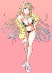 1girls bikini black_bikini black_swimsuit blonde_hair breasts core_crystal hand_on_hip hand_on_leg jacket jacket_partially_removed large_breasts long_hair looking_at_viewer midriff mythra navel nintendo open_jacket sandals swimsuit tiara white_sandals xenoblade_(series) xenoblade_chronicles_2 yellow_eyes yellow_jacket yuuuun0218