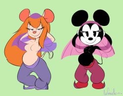 2girls anthro belly belly_dancer belly_dancer_outfit big_belly chip_'n_dale_rescue_rangers cute disney featureless_belly featureless_breasts gadget_hackwrench lafrugele looking_at_viewer minnie_mouse multiple_girls no_belly_button orange_hair public_domain shortstack smiling smiling_at_viewer