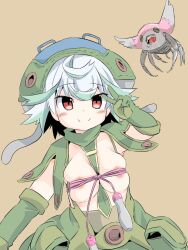 1girls areola_slip areolae aviator_cap blush bound breast_squish cleavage female female_only gloves hat headgear headwear jump_rope made_in_abyss meinya necktie necktie_between_breasts no_bra prushka red_eyes short_hair smile solo two_tone_hair v white_hair