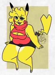 anthro anthrofied big_breasts breasts cleavage clothed clothing female fur furry furry_only green_eyes high-angle_view looking_at_viewer looking_up nerdyreindeer nintendo pikachu pokémon_(species) pokemon pokemon_only sitting solo tail