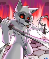 anthro blades canid canine canis death_(puss_in_boots) dreamworks fire first_person_view hi_res male male_only mammal puss_in_boots_(dreamworks) puss_in_boots_the_last_wish reyn_goldfur solo solo_focus threat threatening weapon wolf