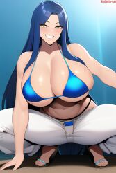 ai_generated anghela baggy_pants big_breasts bikini_top blue_hair grin kurisuta_san long_hair yellow_eyes