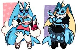 <3_eyes :< anthro anthrofied big_breasts breasts cleavage clothed clothing female fishnets hi_res lopunny nintendo no_humans pokémon_(species) pokemon pokemon_(species) pokemon_only purse sir_fluff thick_thighs thighhighs vaporeon vaporunny