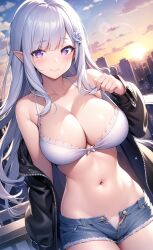 ai_generated avatariense bikini bikini_top breasts busty city cityscape cleavage elf elf_ears elf_girl emilia_(re:zero) female jacket large_breasts midriff nai_diffusion purple_eyes re:zero_kara_hajimeru_isekai_seikatsu shorts sky stable_diffusion sunset white_hair