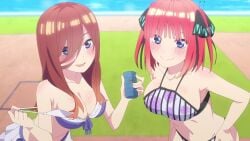 2d 2d_animation 2girls animated anime_screencap ass ass_shake bikini bikini_skirt black_ribbon blue_bikini blue_eyes blush bouncing_ass breasts butterfly_hair_ornament cleavage collarbone dat_ass floral_print frilled_bikini frills gif_artifacts go-toubun_no_hanayome hair_ornament hair_ribbon hand_on_hip huge_ass large_breasts long_hair looking_at_viewer medium_hair multiple_girls nakano_miku nakano_nino navel no_sound off-shoulder_bikini off_shoulder pink_bikini pink_hair red_hair ribbon screencap siblings sisters skirt smile stomach striped striped_bikini swimsuit tagme twins video white_skirt