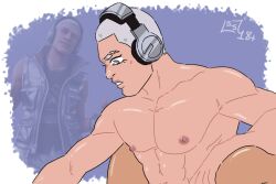 abs bara chest darrkstarr eyebrow_slit fortnite gay headphones holding_down legs male male/male male_focus male_only muscles nipple pecs sterling_(fortnite) white_eyes white_hair