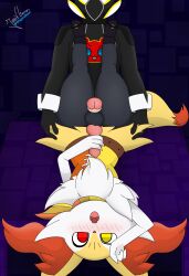 aaron_akio aaron_the_braixen absurd_res anthro belt braixen duo femboy flustered generation_6_pokemon hi_res human humanoid interspecies light_fast_luz_negra_(whygenamoon) male male/male male_only mammal nintendo pokemon pokemon_(species) pokephilia sex thigh_sex whygenamoon