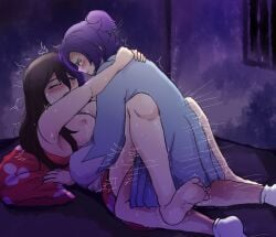 1boy1girl big_breasts black_hair blush dororo_(tezuka) hands_behind_back long_hair looking_at_partner mio_(dororo) missionary_position nipples purple_hair tagme