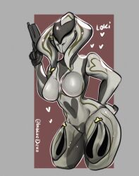 1girls breasts curvy curvy_figure fem_loki femloki genderswap_(mtf) hand_on_back head_swap holding_gun holding_pistol holding_weapon huge_penis imbluedexo_(artist) loki_(warframe) pistol pose rule_63 simple_background solo solo_female thick_thighs thighs warframe weapon