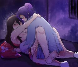 1boy1girl big_breasts black_hair blush closed_eyes dororo_(tezuka) hands_behind_back long_hair looking_at_partner mio_(dororo) missionary_position nipples purple_hair tagme