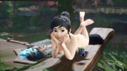 1girls 3d accurate_art_style barefoot black_hair blue_eyes breasts casual casual_nudity completely_nude feet female female_only game_mod game_screenshot kena:_bridge_of_spirits kena_(character) looking_at_another lying mod mole mole_under_eye nude nude_female on_stomach outdoors screencap screenshot_edit smile soles solo the_pose toes