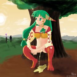 1girls behind_tree belly_button clothing crouching feena_(grandia) grandia green_hair nara_(artist) peeing peeing_on_ground puddle pussy small_breasts squatting stockings urination urine urine_puddle urine_stream