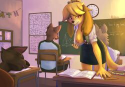 2d animal_crossing anthro atehrea bottomwear breast_play breasts clothed clothing domibun erect_nipples exhibitionism female furry furry_female furry_male furry_only group humor isabelle_(animal_crossing) lecture male male/female math nintendo nipples open_clothing open_shirt open_topwear puffy_nipples school school_uniform shirt skirt sleeping student teacher teacher_and_student tired topwear uniform