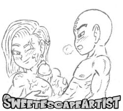 android_18 bald_man big_penis black_and_white breasts cum cum_on_breasts cum_on_face dragon_ball dragon_ball_super dragon_ball_z krillin kuririn monster_cock paizuri sweetescapeartist