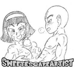 bald big_penis black_hair breasts cum cum_on_breasts cum_on_face cumshot dragon_ball dragon_ball_super dragon_ball_z krillin kuririn sweetescapeartist videl videl_(dragon_ball_super)