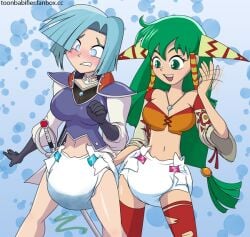 2girls blue_hair breasts diaper diapered_lovers feena feena_(grandia) female female_only grandia green_hair leen multiple_girls toonbabifier