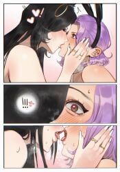 asian asian_female black_hair blush breast_grab brown_eyes bunny_ears bunny_girl bunnysuit cat_ears dbd dead_by_daylight drool_string female grabbing_face heart-shaped_pupils heart_eyes kissing kittyplsaaa lesbian_sex lingerie long_nails open_mouth purple_hair tongue tongue_out white_nails yui_kimura yuri