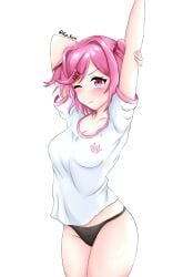 1girls 5_fingers black_panties bow_panties doki_doki_literature_club eye_closed female female_only hand_up kun_kaiss natsuki_(doki_doki_literature_club) one_eye_closed panties pink_eyes pink_hair solo solo_female white_background