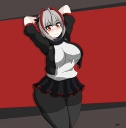 aizalter arknights arms_behind_head big_breasts blush fully_clothed imminent_expansion red_eyes tagme thick_thighs w_(arknights) white_hair