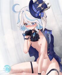 1boy 1girls absurdres ahoge ascot bar_censor black_ascot black_gloves blue_bow blue_coat blue_eyes blue_hair blue_headwear blush bow breasts censored clenched_hand closed_mouth clothed_sex coat coat_on_shoulders commentary cowgirl_position feet_out_of_frame female female_penetrated furina_(genshin_impact) genshin_impact gloves green_eyes hair_between_eyes hair_intakes half_gloves hat hat_bow heterochromia highres jewelry light-skinned_female light-skinned_male light_blue_hair light_skin looking_down medium_breasts medium_hair mildt mismatched_pupils multicolored_hair naked_coat navel nipples open_clothes open_coat pendant penetration penis pussy pussy_juice solo_focus spread_legs steaming_body straddling straight sweat thigh_strap tilted_headwear top_hat two-tone_hair vaginal_penetration white_hair wristband